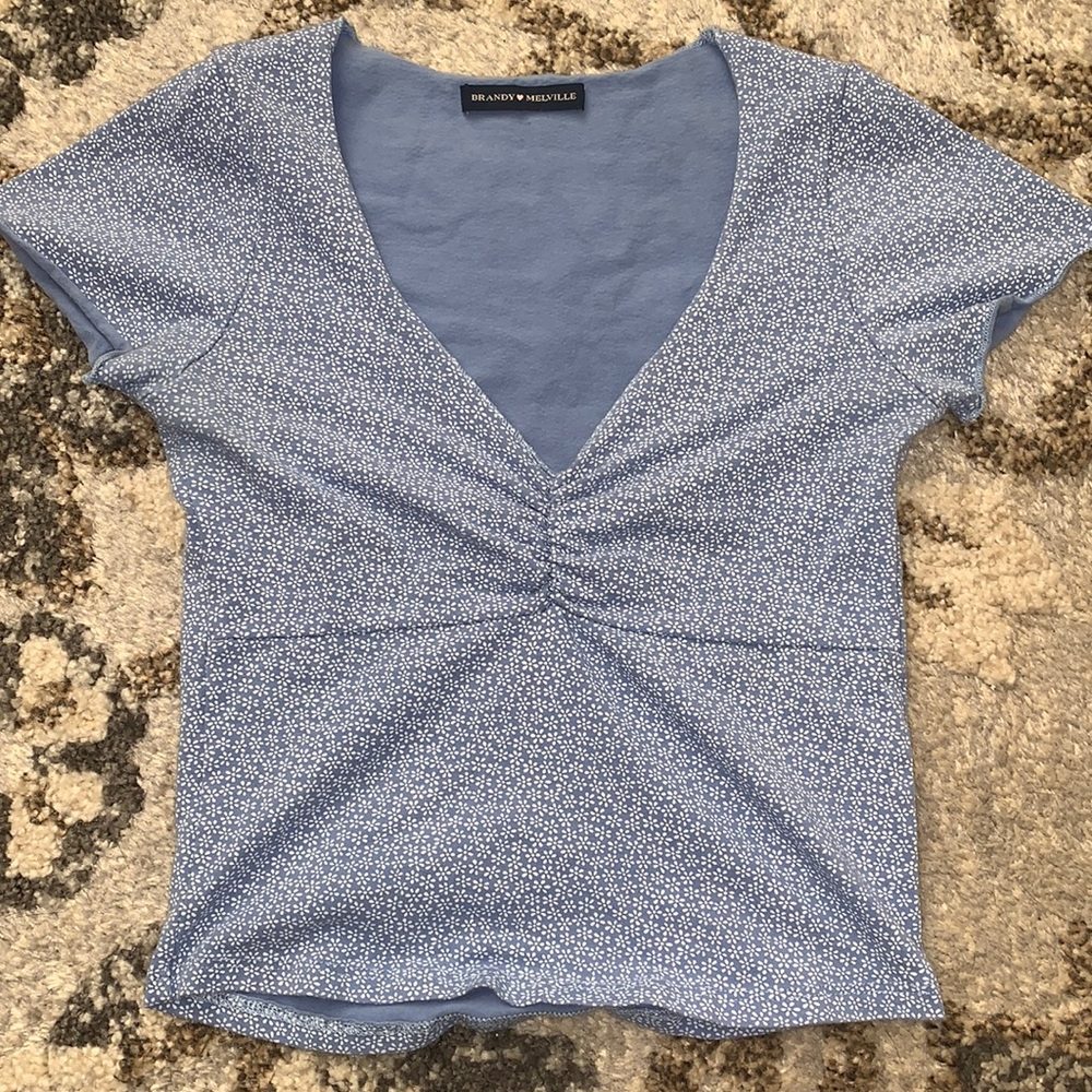 Brandy Melville blue and white floral V neck top
